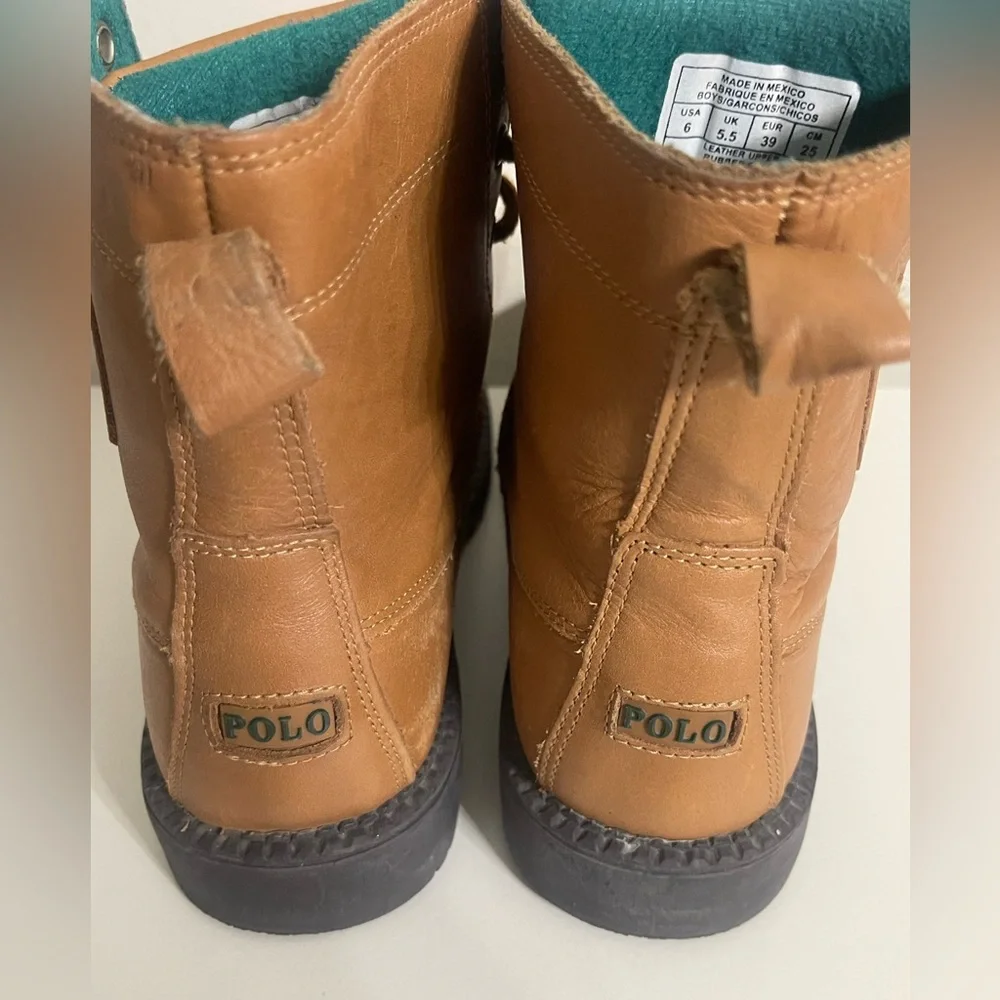 Ralph Lauren Tan Leather Ranger Buckled Lace up‎ Boots with Teal Lining Size 6